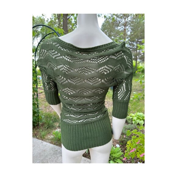 Y2K Dynamite Green Open Knit Fitted Top Tunic Boat Neck 1/2 Sleeve Sheer Sz XS - Picture 4 of 5